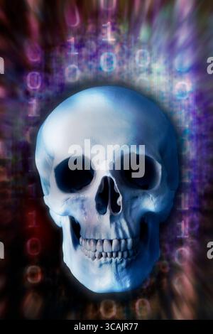 human skull and technology background, deadly computer virus concept Stock Photo
