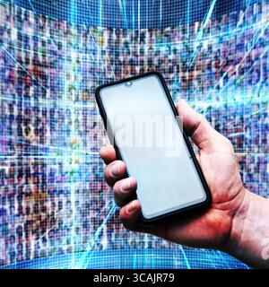 hand with smartphone and wall of people, social media and social networking concept Stock Photo