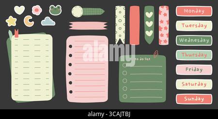 Cute doodle stationery with memo notebooks, decorative tapes and colorful stickers for creative planning. Pink and green notepads with line patterns, ribbons and hearts. Organization supplies set. Stock Vector