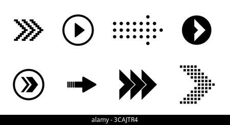 Arrow vector icons collection for swipe and scroll with line pixel dotted and solid styles pointing right left up down for next button and touch Stock Vector