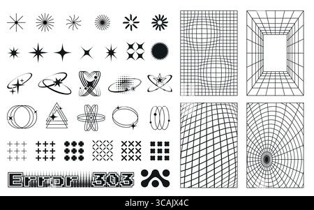 Black geometric shapes with techno aesthetic for poster design - retro y2k elements of stars, grids and abstract patterns. Vector graphics set with warped perspectives for modern digital projects. Stock Vector