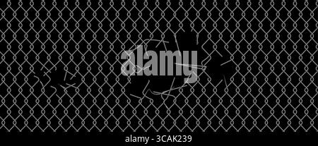 Chain link fence mesh pattern with torn metal texture and broken wire grid for urban industrial background. Damaged security barrier with holes and ripped sections. Black metallic fencing material. Stock Vector