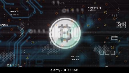 Shining central Bitcoin icon hovering in virtual data network space, with glowing circuit traces Stock Photo
