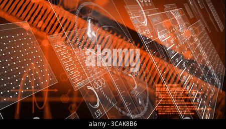 Rendering clear DNA helix rotating in orange interface, with floating holographic data panels Stock Photo