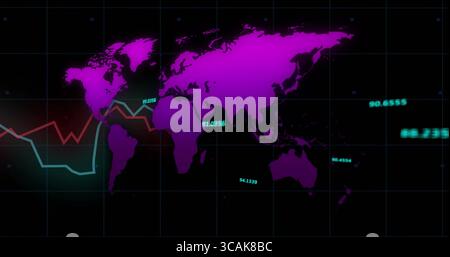 Displaying purple world map over grid at dashboard, fluctuating teal and red lines with data labels Stock Photo