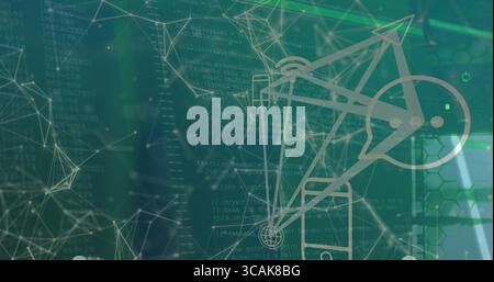 Displaying network connecting smartphone and gauge icon in UI featuring code text and hexagon mesh Stock Photo