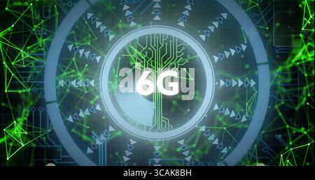Displaying circular interface showing circuit-tree and glowing 6G text in network, with green mesh Stock Photo