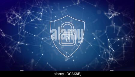 Highlighting shield icon and padlock symbol in network space, securing network nodes, linking lines Stock Photo
