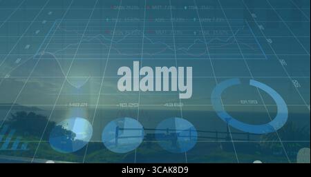 Displaying financial overlay on coastal path, with 3D grid, line graph and circular charts Stock Photo