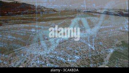 Displaying translucent DNA helix blending with sandy waves at shoreline, with floating numeric text Stock Photo