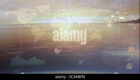 Floating dotted map overlay over ocean horizon at sunrise, with pie chart and bar graph icons Stock Photo