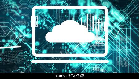 Showing laptop streaming cloud computing on digital interface, with bar chart and circuit traces Stock Photo