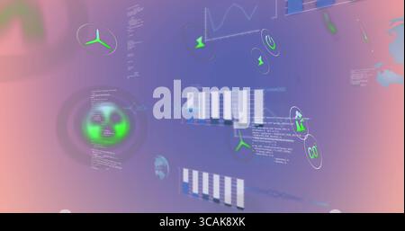 Displaying central white-blue chart cluster pulsing on gradient interface, with green energy icons Stock Photo