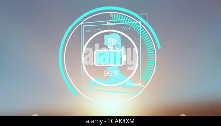 Displaying UI showing battery icon at 96% on backdrop with profile silhouette and progress rings Stock Photo