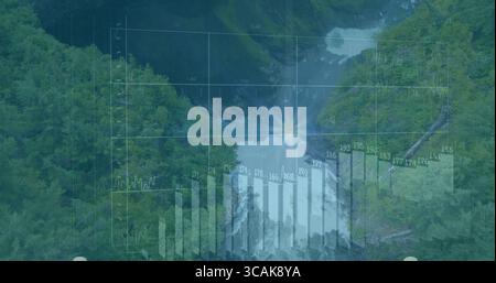 Displaying bar chart overlaying mountain valley with waterfall, sun starburst numeric labels Stock Photo