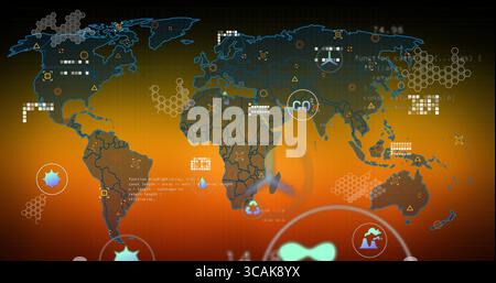 Displaying world map overlaying environmental metrics on digital dashboard interface with CO2 label Stock Photo