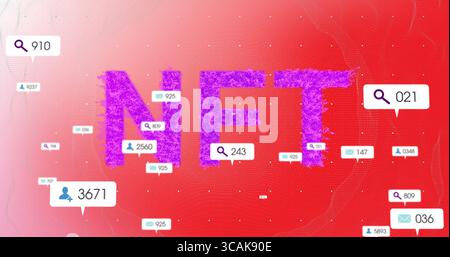 Displaying stylized purple NFT letters in digital space, with search, profile and envelope icons Stock Photo