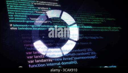 Spinning circular loading spinner overlaying code editor view, with scrolling JavaScript code text Stock Photo