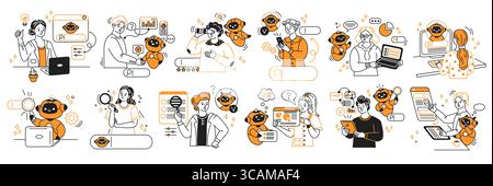 Illustration of people interacting with search artificial intelligence in a tech setting. Various characters are shown using devices. The style is mod Stock Vector