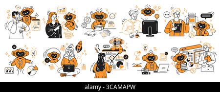 Illustrations of business scenes featuring friendly artificial intelligence robots and professionals. Orange and black colors. Represents collaboratio Stock Vector