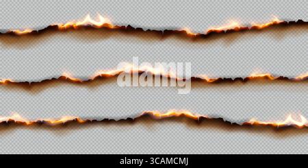 Realistic burning paper effect with flames and scorched edges on transparent background. Bright orange and black colors create dynamic and dramatic vi Stock Vector