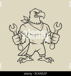 This striking monochromatic illustration features a muscular eagle character, confidently holding wrenches in its talons. Stock Vector