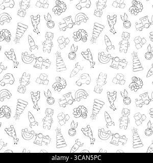 Vector Seamless pattern of baby toys. Outline Wooden car, cubes, train, rocket, giraffe on wheels and pyramid in Scandinavian style, Cute repeated Stock Vector