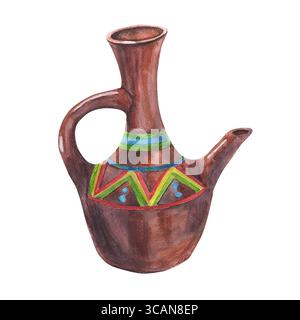 Traditional Ethiopian coffee brown pot with geometric ornament made from clay. Watercolor isolated white illustration. For design, cafe, restaurant me Stock Photo