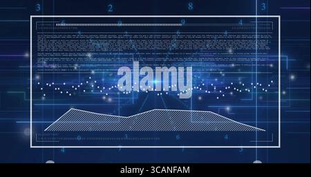 Presenting framed data panel on simulated screen, showing alphanumeric data and hatched area chart Stock Photo