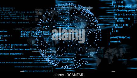Abstract globe pulsing with nodes in virtual network with scrolling Python and Java code streams Stock Photo