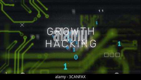 Displaying text GROWTH HACKING in digital interface, with green circuits and floating binary digits Stock Photo