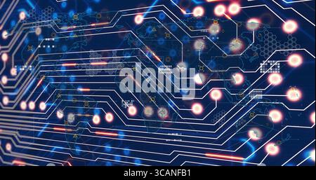 Displaying network overlay on screen, showing glowing nodes, map outlines, icons, light streaks Stock Photo
