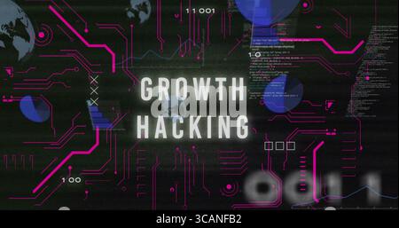 Displaying Growth Hacking text dominating tech dashboard, with magenta circuits and globe icons Stock Photo