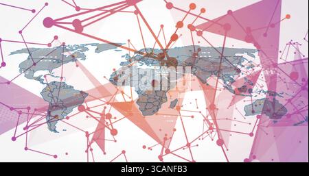 World map displaying network links in digital scene, with network nodes and geometric overlays Stock Photo