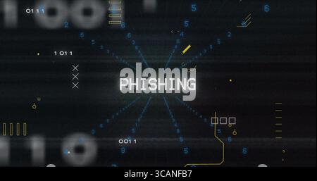 Displaying pixelated PHISHING text on dark grid, with blue numeric streams and yellow circuit lines Stock Photo
