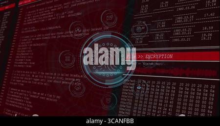 Displaying circular fingerprint pulsing on secure interface, with encryption bar, waveform and code Stock Photo