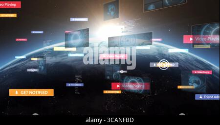 Displaying Earth globe curving above space view, with panels, notification banners and friend icons Stock Photo