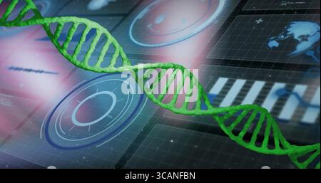 Displaying green DNA double helix floating across high tech interface with circular HUD graphics Stock Photo