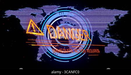 Displaying HUD rings on screen, with warning icon, DANGER, IMMEDIATE ACTION REQUIRED, world map Stock Photo