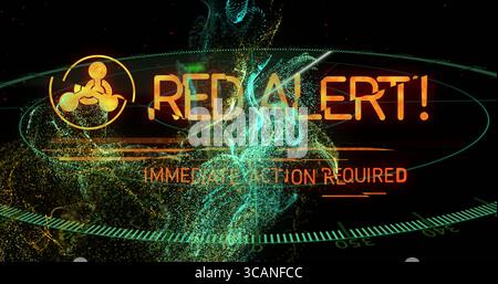 Displaying alert with orange warning text, hazard icon over green HUD grid, data particles Stock Photo