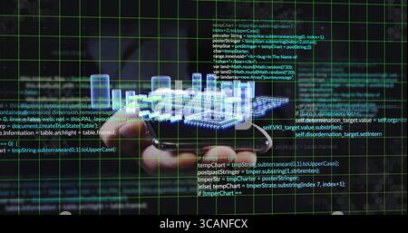 Projecting blue holographic cityscape above smartphone on green grid background, with floating code Stock Photo
