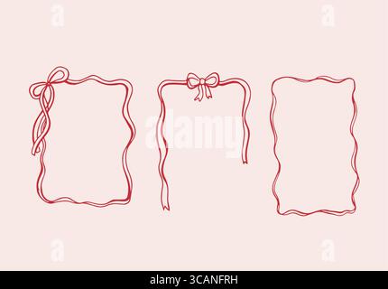 Whimsical red ribbon frames with bows. Hand Drawn borders for wedding invitation, holiday greetings, birthday card Stock Vector