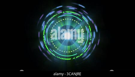 Pulsing digital interface rotating in cyber void, with concentric rings and light beams Stock Photo