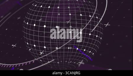 Rotating 3D wireframe sphere in digital interface with grid lines, circular nodes and orbital rings Stock Photo