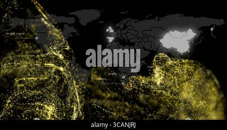 Displaying dotted world map showing data flows on screen, with country markers and golden streams Stock Photo