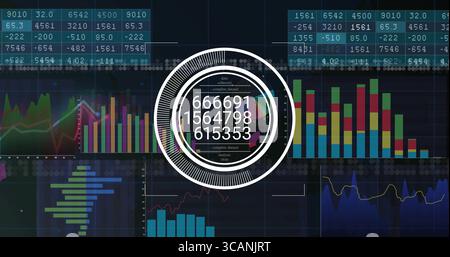 Displaying central circular data visualization on dashboard, with numeric readouts and bar charts Stock Photo