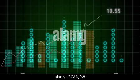 Displaying chart on dashboard, teal and brown bars, cyan markers, red zigzag, white trend at 10 Stock Photo
