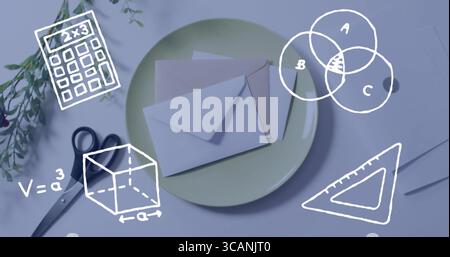 Displaying green plate holding pastel envelopes, pencil on tabletop, with scissors, sketches Stock Photo