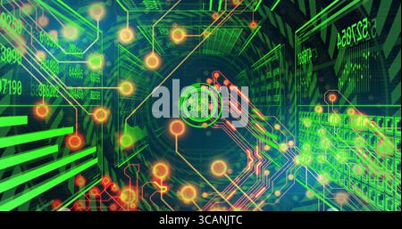 Emitting neon green code, data hub glowing inside virtual numeric panel tunnel, with orange nodes Stock Photo