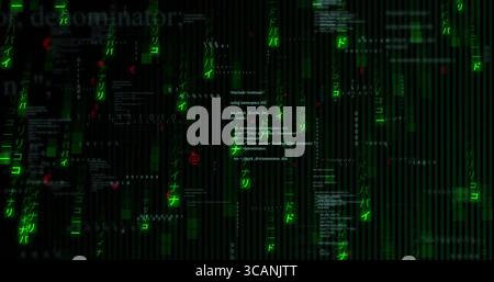 Central C++ code snippet glowing in dark matrix, with green streams, binary digits and katakana Stock Photo